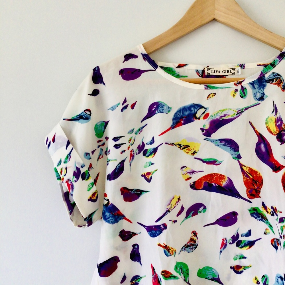 (Liva Girl) cap sleeve polyester thin bird pattern